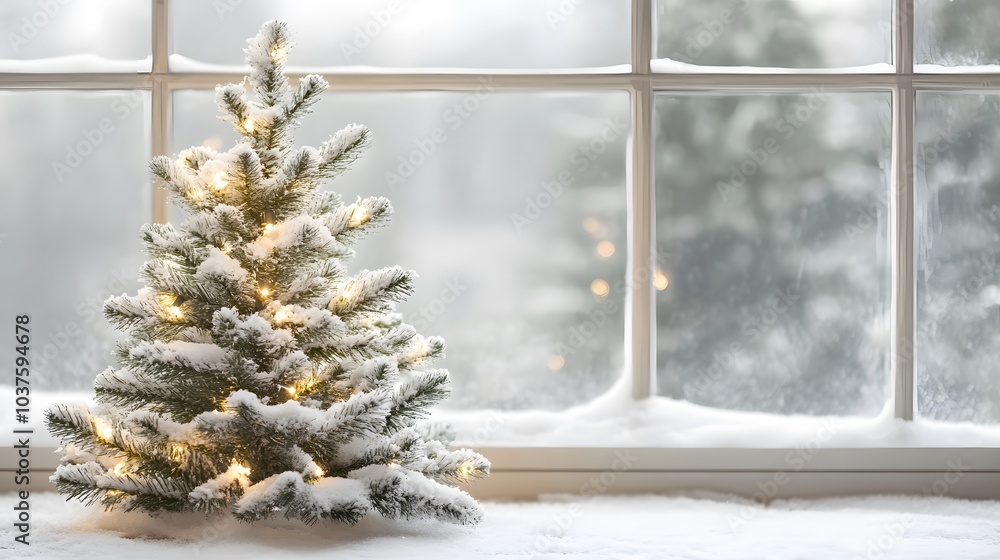 A Snowy Christmas Tree by a Window A Snowy Christmas Tree by a Window