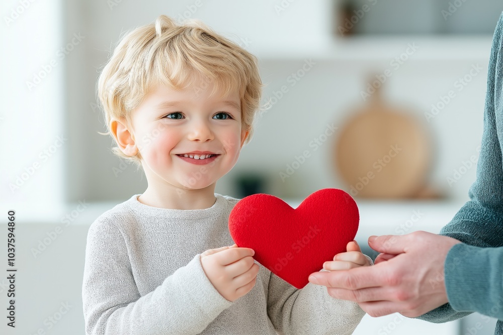 Young boy with blond hair shares a handmade red heart with his father in a bright kitchen on a joyful morning Young boy with blond hair shares a handmade red heart with his father in a bright kitchen on a joyful morning