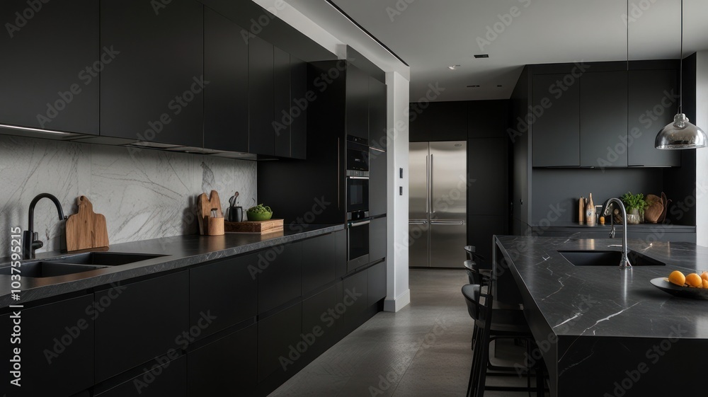 modern and luxurious kitchen with a stunning black color palette. Cabinets, countertops, and appliances are all finished in solid black and matte, creating a sophisticated and minimalist aesthetic. modern and luxurious kitchen with a stunning black color palette. Cabinets, countertops, and appliances are all finished in solid black and matte, creating a sophisticated and minimalist aesthetic.