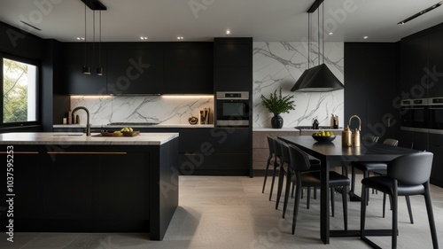 modern and luxurious kitchen with a stunning black color palette. Cabinets, countertops, and appliances are all finished in solid black and matte, creating a sophisticated and minimalist aesthetic.