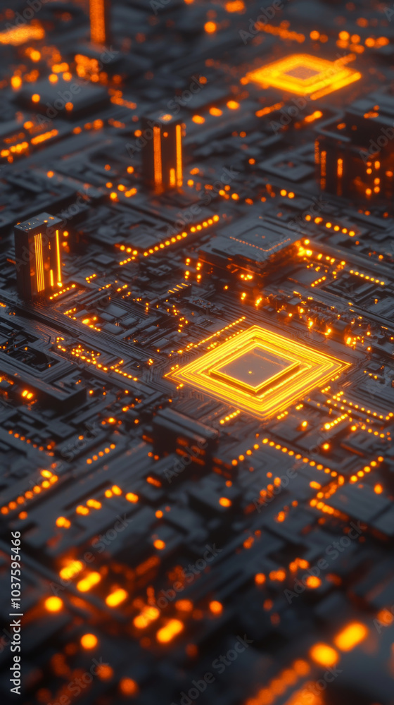 Obraz premium Futuristic ai circuit board with glowing elements in a vertical composition