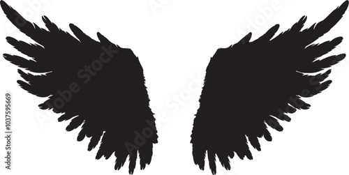 Angel wings vector silhouette, wings isolated on white background, fill with black color, shadow idea