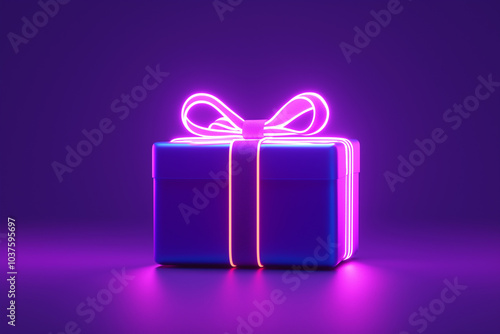 Neon gift box with a glowing bow. Illustration for cyber Monday. Online shopping concept. llustration for a hardware store. photo