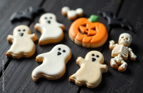 Halloween cookies in the form of pumpkins, ghosts, skeletons, bats on a black wooden table, handmade