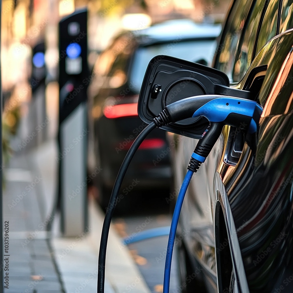 Electric Vehicle/Car Charging Station Plugged In. Close-up photo Electric Vehicle/Car Charging Station Plugged In. Close-up photo
