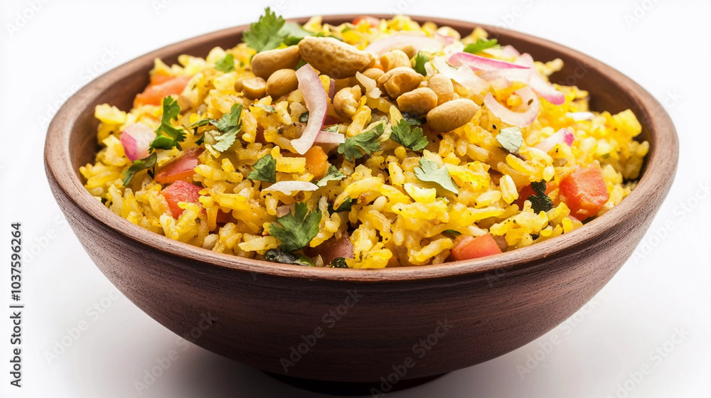 Poha bowl garnished with peanuts and coriander isolated on white background with clipping path Poha bowl garnished with peanuts and coriander isolated on white background with clipping path