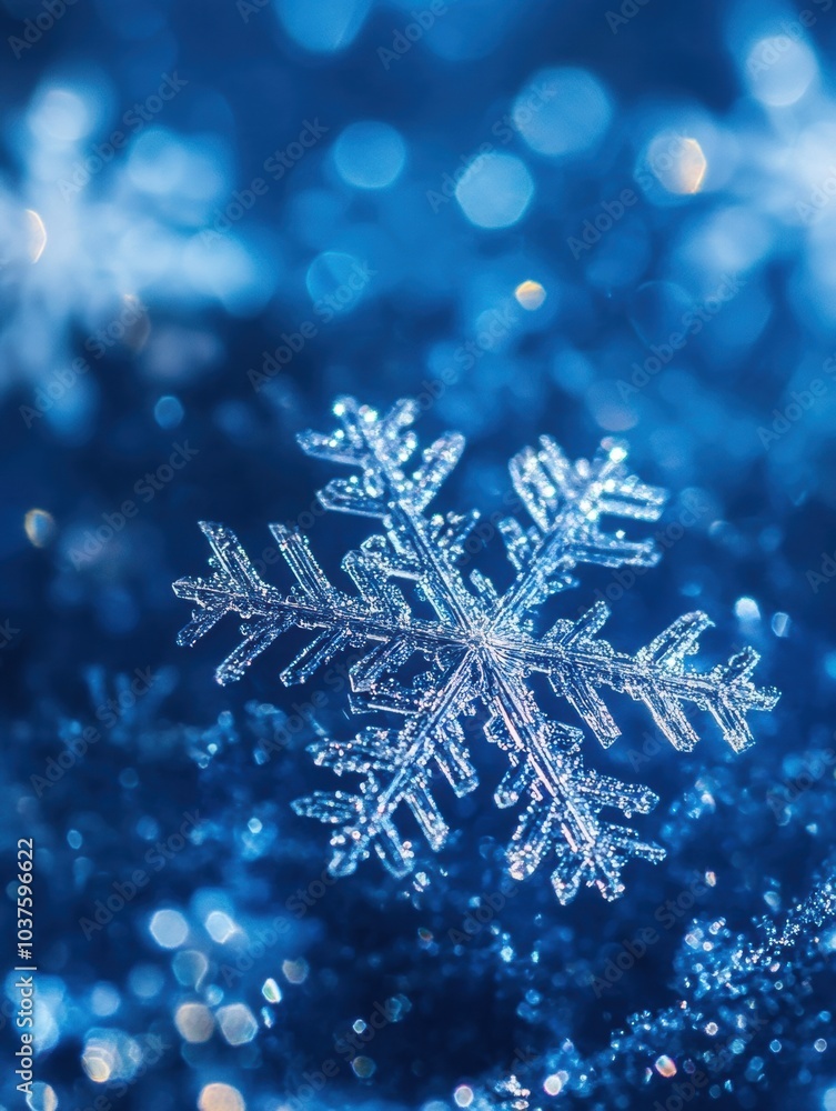Delicate snowflakes glimmer against a deep blue backdrop, capturing the essence of a magical winter atmosphere. Generative AI Delicate snowflakes glimmer against a deep blue backdrop, capturing the essence of a magical winter atmosphere. Generative AI