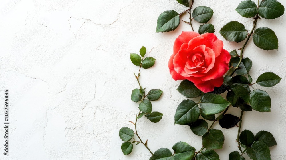Single Rose with Leaves on White Background Single Rose with Leaves on White Background