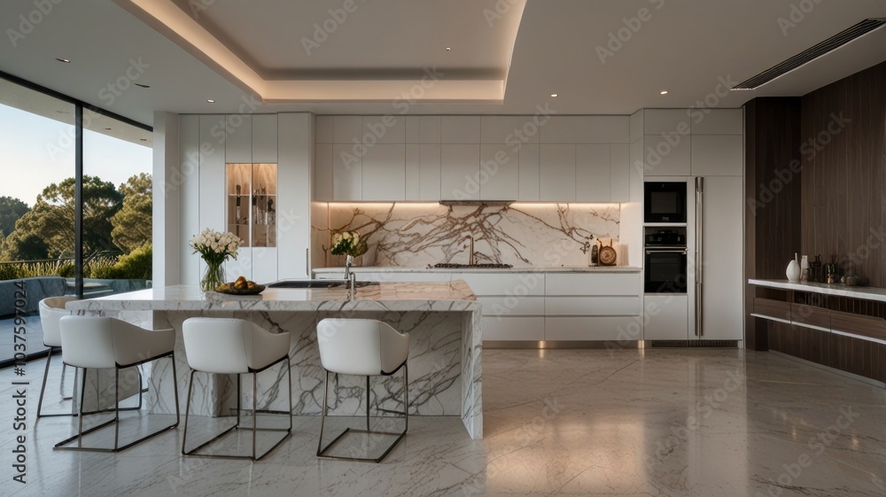 Fototapeta premium a modern and luxurious kitchen with a predominantly white color palette. Sleek white cabinets complement the gleaming marble countertops, creating a clean and sophisticated aesthetic.