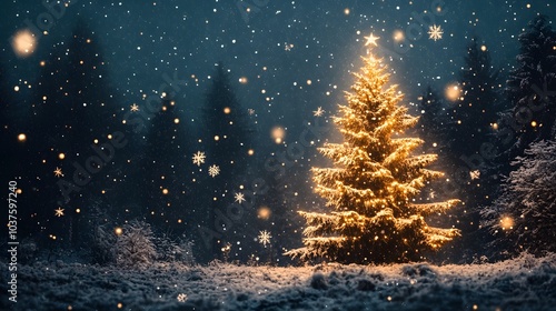 Illuminated Christmas Tree in a Snowy Forest at Night