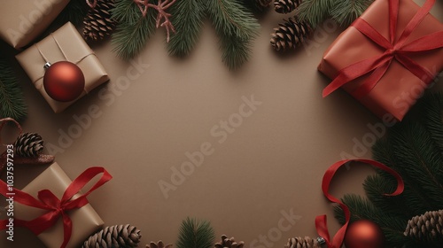 Holiday gift wrapping station with ribbons, bows, and pine cones for festive decor design