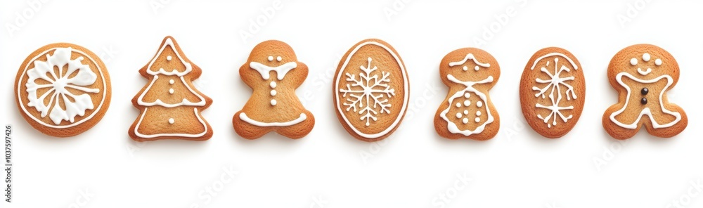 Stylish Christmas gingerbread cookies isolated on a white background. gingerbread cookies in various shapes, including Christmas trees, snowflakes, and human figures Stylish Christmas gingerbread cookies isolated on a white background. gingerbread cookies in various shapes, including Christmas trees, snowflakes, and human figures