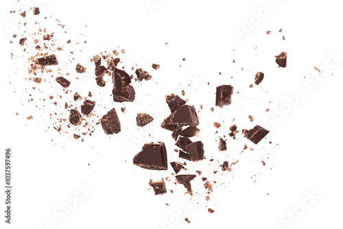 Fotografie Pile chopped, milled chocolate isolated on white