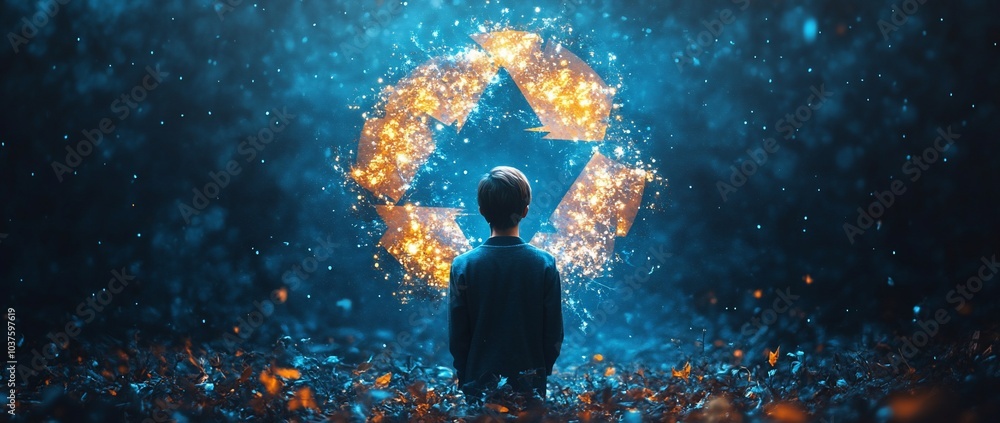 A child gazes at a glowing recycling symbol, symbolizing hope for environmental sustainability. A child gazes at a glowing recycling symbol, symbolizing hope for environmental sustainability.