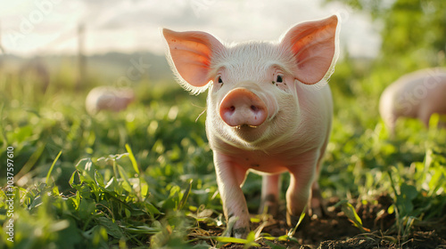 A happy piglet exploring its surroundings in the pen