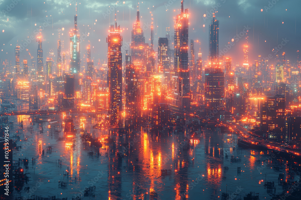 A futuristic cityscape where AI manages energy grids, public transportation, and waste management for maximum efficiency. Concept of urban planning. A futuristic cityscape where AI manages energy grids, public transportation, and waste management for maximum efficiency. Concept of urban planning.