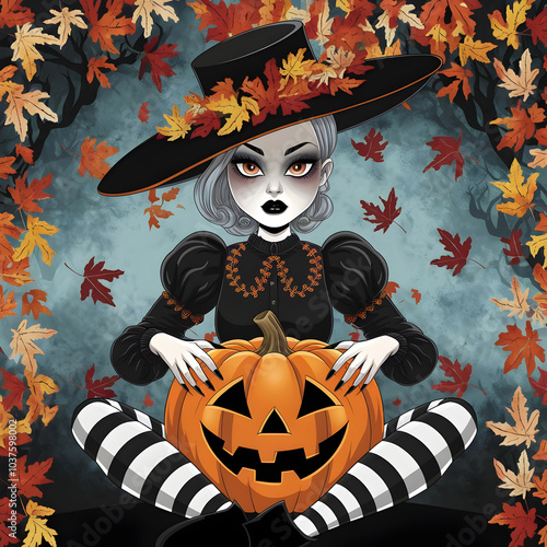 Gothic witch hex virago sitting with a jackolantern digitalart surrounded and decorated with fall leaves against a greyish background photo