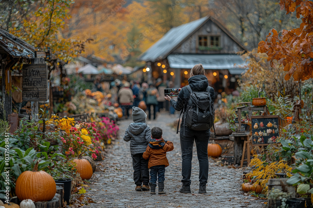 Naklejka premium A family taking photos at a scenic autumn fair, with colorful trees and pumpkins creating the perfect fall backdrop. Concept of memories.