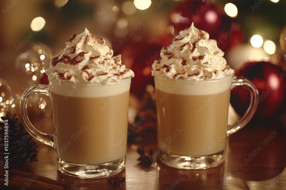 Two mugs of creamy, spiced coffee with whipped cream. Two mugs of creamy, spiced coffee with whipped cream.