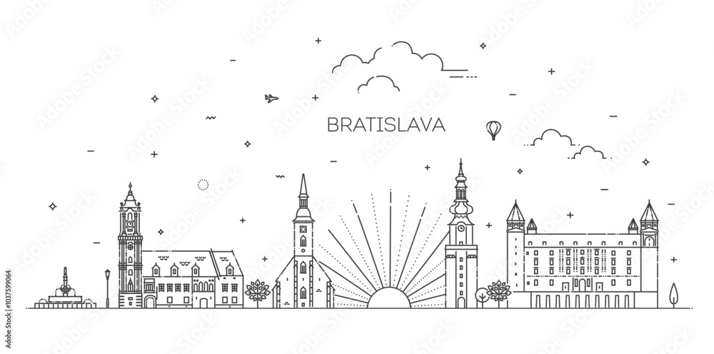 Bratislava City, Slovakia architecture line skyline illustration Bratislava City, Slovakia architecture line skyline illustration