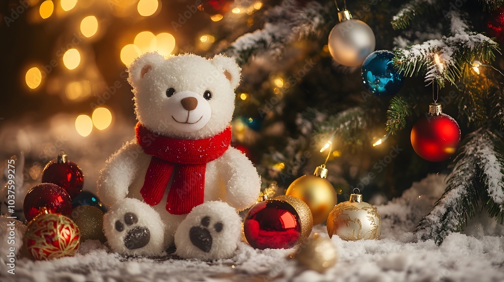 A Plush White Bear with a Red Scarf Underneath a Decorated Christmas Tree A Plush White Bear with a Red Scarf Underneath a Decorated Christmas Tree