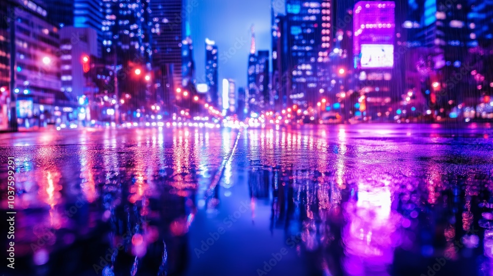 City skyline at night with purple and lavender neon lights reflecting on wet streets City skyline at night with purple and lavender neon lights reflecting on wet streets