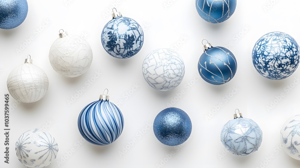 Blue and White Christmas Ornaments on White Background Blue and White Christmas Ornaments on White Background