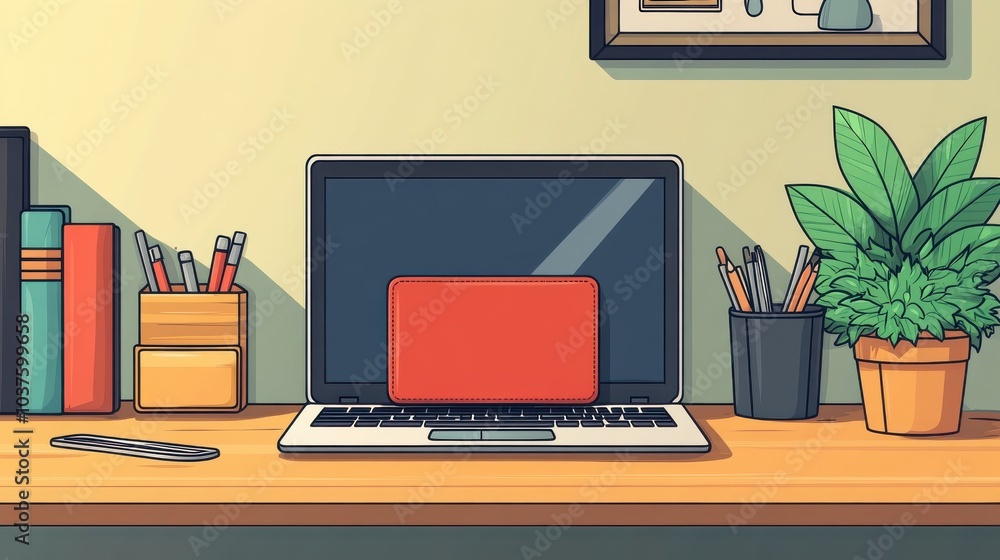 Cozy Workspace with Laptop and Stationery on Wooden Desk Cozy Workspace with Laptop and Stationery on Wooden Desk