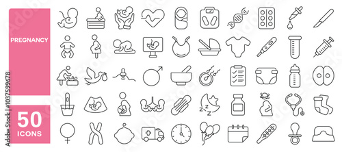 Set of 50 line icons related to pregnancy, pregnant, birth, baby, mother, fertility, fetus, infant, sperm, ovum, Editable stroke. Vector illustration