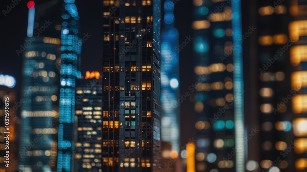 Blurred view of city skyscrapers at night. Blurred view of city skyscrapers at night.