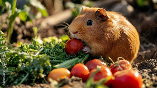 A guinea pig munching on fresh vegetables