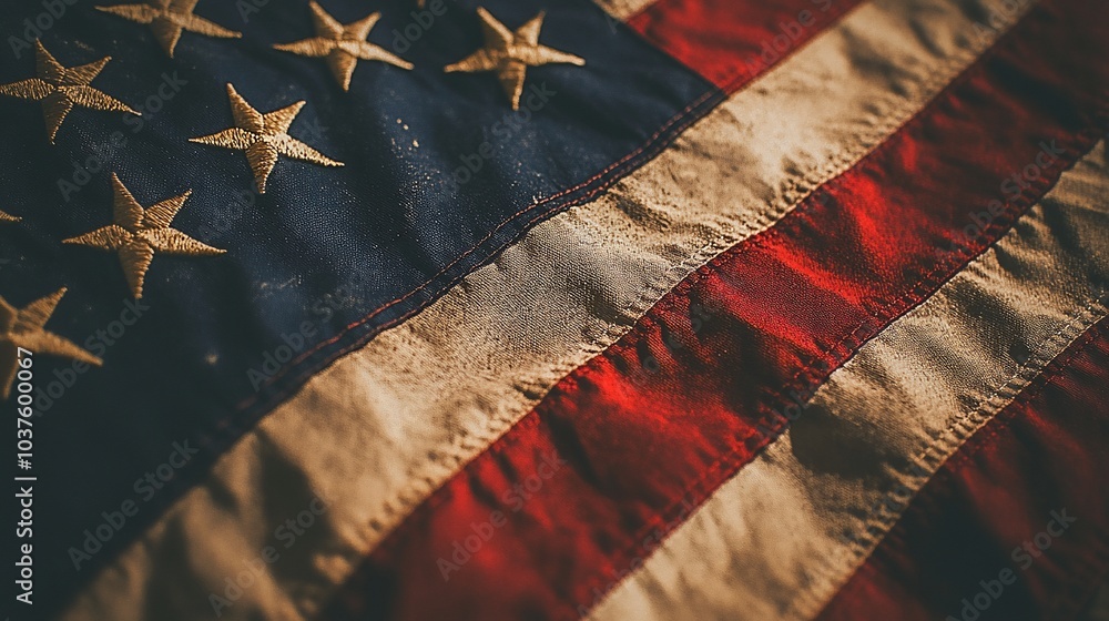 A close-up of a weathered American flag, showcasing its colors and textures. A close-up of a weathered American flag, showcasing its colors and textures.