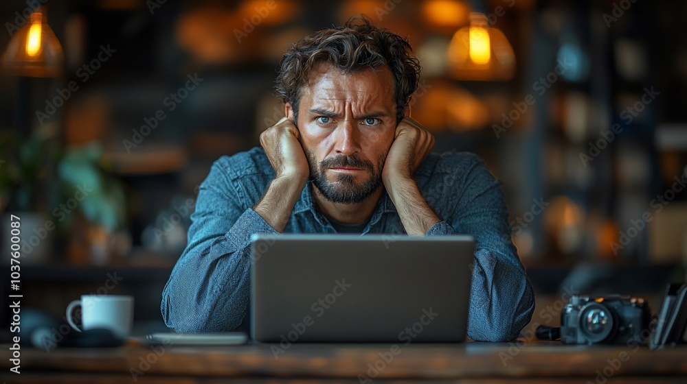 A man with a beard sits at a table with a laptop, looking stressed and frustrated. A man with a beard sits at a table with a laptop, looking stressed and frustrated.