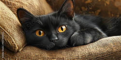 A close-up of a charming black cat resting on a cozy cushion. The soft fur and striking golden eyes capture attention. Perfect for pet lovers and cat enthusiasts. AI