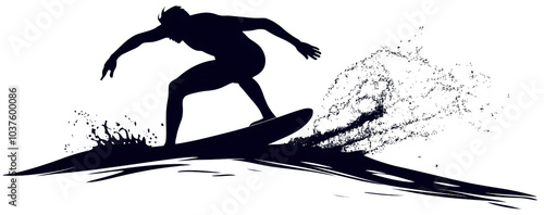 Bold surfer in silhouette form, isolated on wave with surfing grace, board and man through extreme summer sport, surf at water edge photo