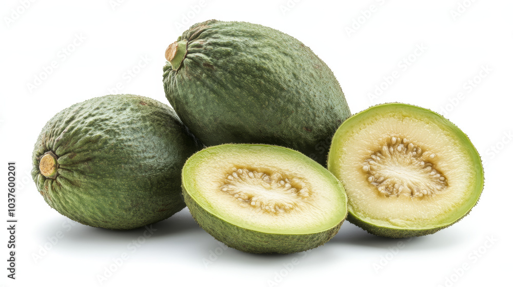 Freshly picked green feijoa fruits arranged on a light-colored plate, showcasing their vibrant color and natural appeal.
Freshly picked green feijoa fruits arranged on a light-colored plate, showcasing their vibrant color and natural appeal.