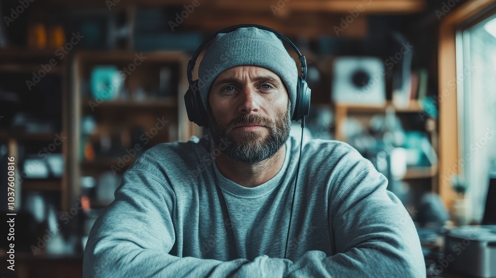 A serious man wearing a beanie and headphones sits in a creative studio space, suggesting focus, artistic expression, and a thoughtful demeanor. A serious man wearing a beanie and headphones sits in a creative studio space, suggesting focus, artistic expression, and a thoughtful demeanor.