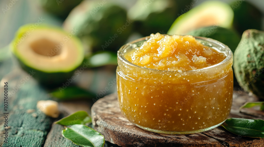 Mashed raw feijoa jam alongside fresh feijoa fruits, a healthy subtropical plant rich in vitamin C, perfect for boosting immunity and enjoying natural flavors.
Mashed raw feijoa jam alongside fresh feijoa fruits, a healthy subtropical plant rich in vitamin C, perfect for boosting immunity and enjoying natural flavors.