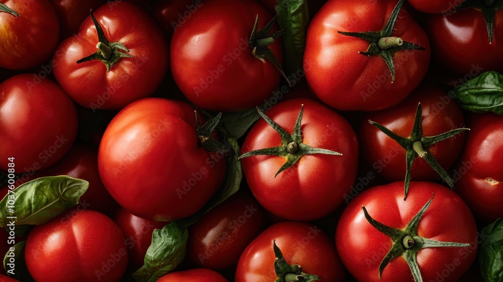 A cluster of red tomatoes with deep, rich color tones, surrounded by green basil leaves. The image highlights the appeal of fresh produce in culinary arts. A cluster of red tomatoes with deep, rich color tones, surrounded by green basil leaves. The image highlights the appeal of fresh produce in culinary arts.