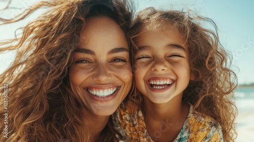 On a sunny beach day, a mother and daughter flash radiant smiles, capturing the essence of love, happiness, and the strong familial bond between them in a joyful photograph.