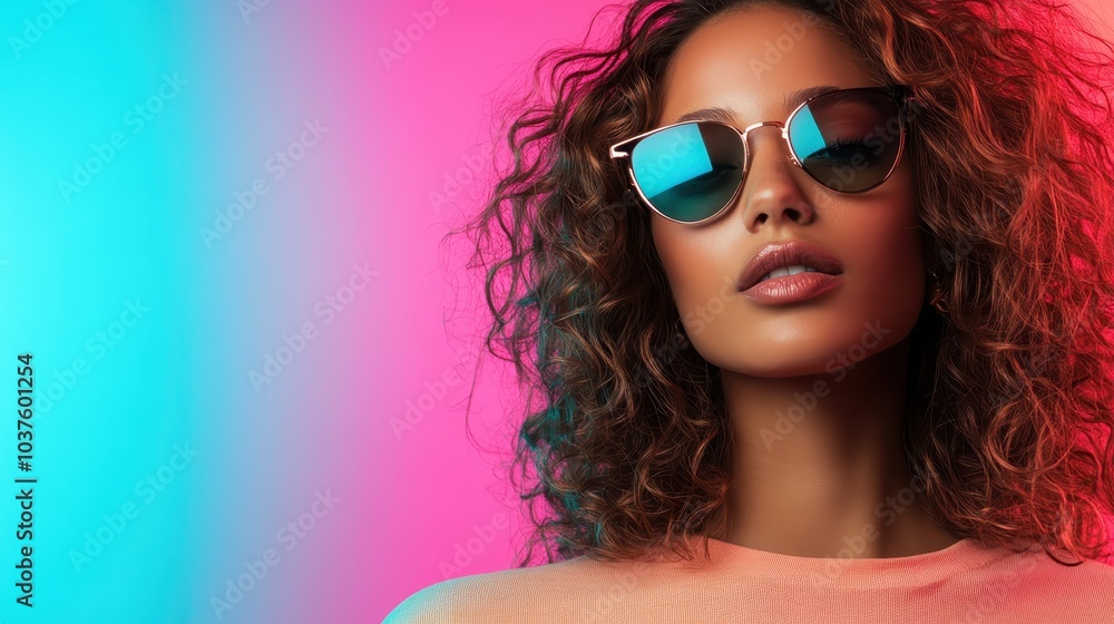 A dynamic portrait of a fashionable woman wearing sunglasses, against an eye-catching pink and blue gradient background, showcasing modern vogue and self-assurance. A dynamic portrait of a fashionable woman wearing sunglasses, against an eye-catching pink and blue gradient background, showcasing modern vogue and self-assurance.