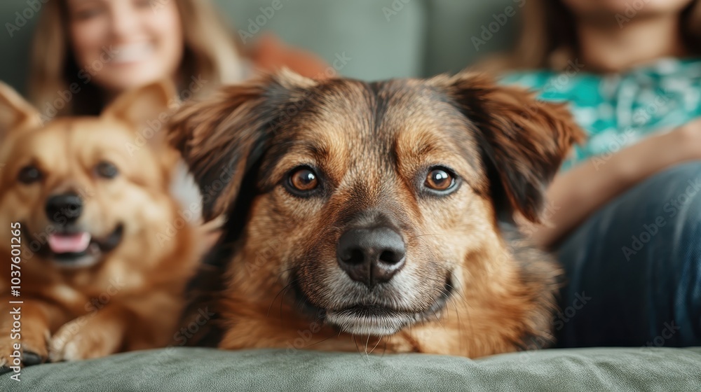 Two dogs attentively looking ahead while their owners sit comfortably on a couch in the blurred background, emphasizing companionship and home. Two dogs attentively looking ahead while their owners sit comfortably on a couch in the blurred background, emphasizing companionship and home.