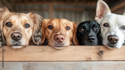 Four adorable dogs with varying coat colors peering playfully over a wooden fence, capturing a moment of curiosity and playful companionship. photo