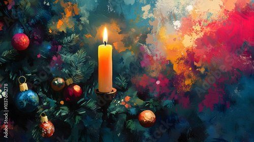 A Burning Candle with Christmas Ornaments on a Festive Background