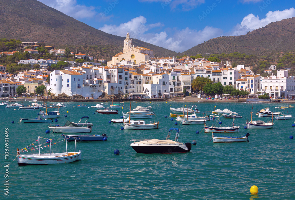 Fototapeta premium Cadaques Bay with boats and Church of Santa Maria, Catalonia, Spain