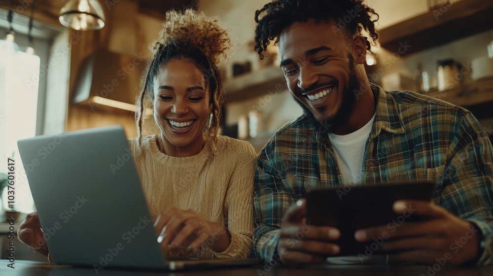 A cheerful couple is seen interacting joyously while sitting in a rustic styled kitchen, engaging with a tablet, exuding warmth and togetherness in daily activity. A cheerful couple is seen interacting joyously while sitting in a rustic styled kitchen, engaging with a tablet, exuding warmth and togetherness in daily activity.