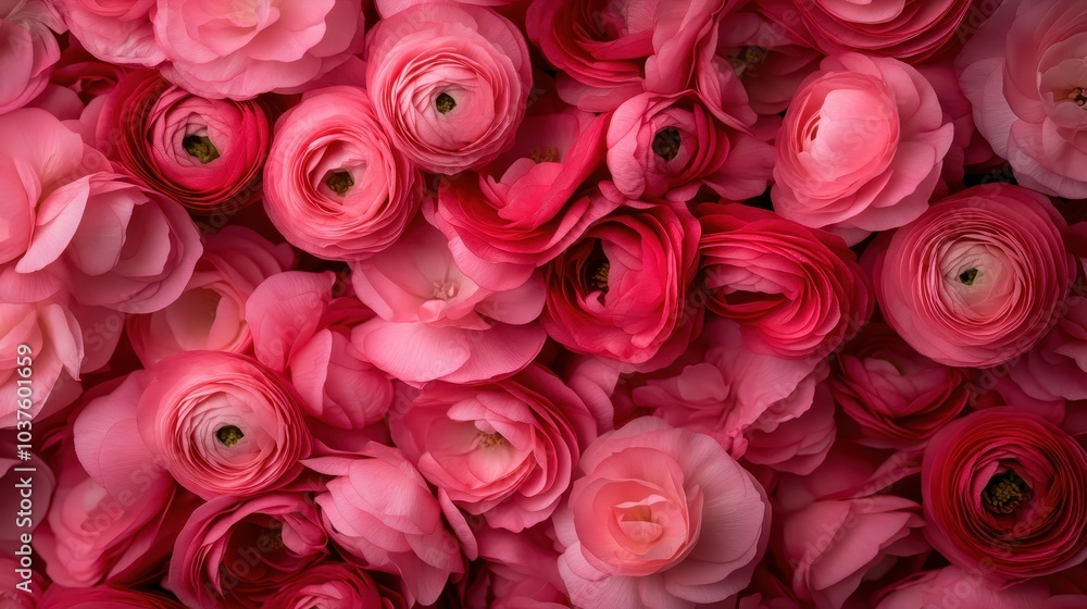 A vibrant array of pink ranunculus flowers displaying their layered petals, capturing an enticing mix of colors and the mesmerizing charm of nature. A vibrant array of pink ranunculus flowers displaying their layered petals, capturing an enticing mix of colors and the mesmerizing charm of nature.