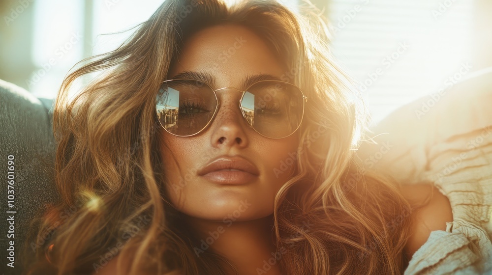 A fashionable woman wearing sunglasses relaxes in the sunlight, exuding elegance and comfort with a confident gaze, capturing a laid-back and sophisticated vibe. A fashionable woman wearing sunglasses relaxes in the sunlight, exuding elegance and comfort with a confident gaze, capturing a laid-back and sophisticated vibe.