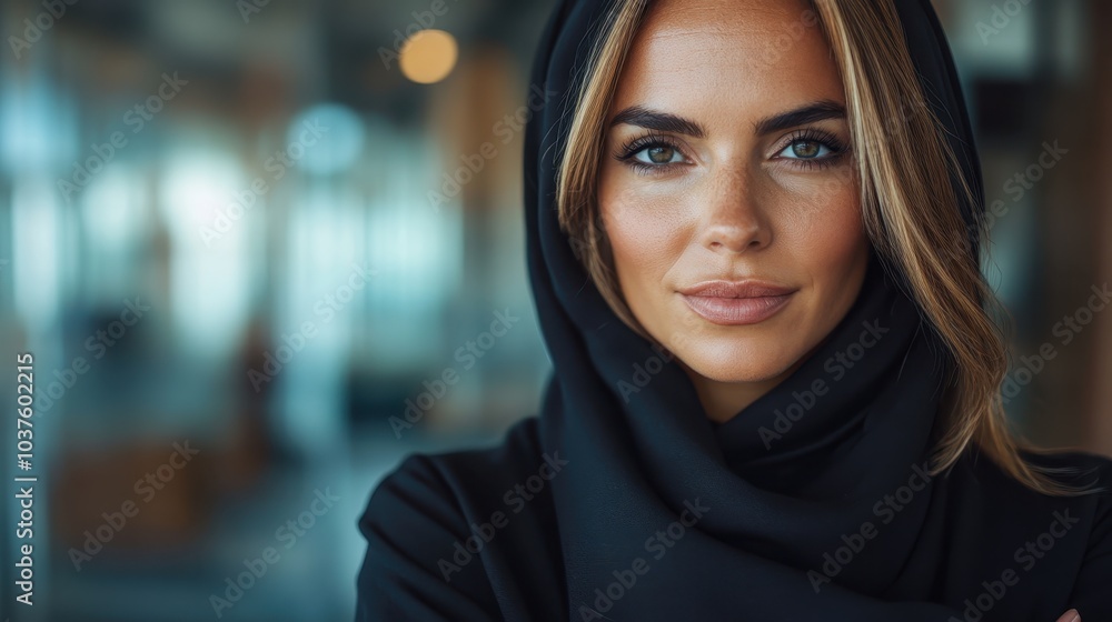 A woman in a black hijab stands confidently in a bright office hallway, symbolizing the blend of tradition and modernity, as well as empowerment in a professional environment. A woman in a black hijab stands confidently in a bright office hallway, symbolizing the blend of tradition and modernity, as well as empowerment in a professional environment.