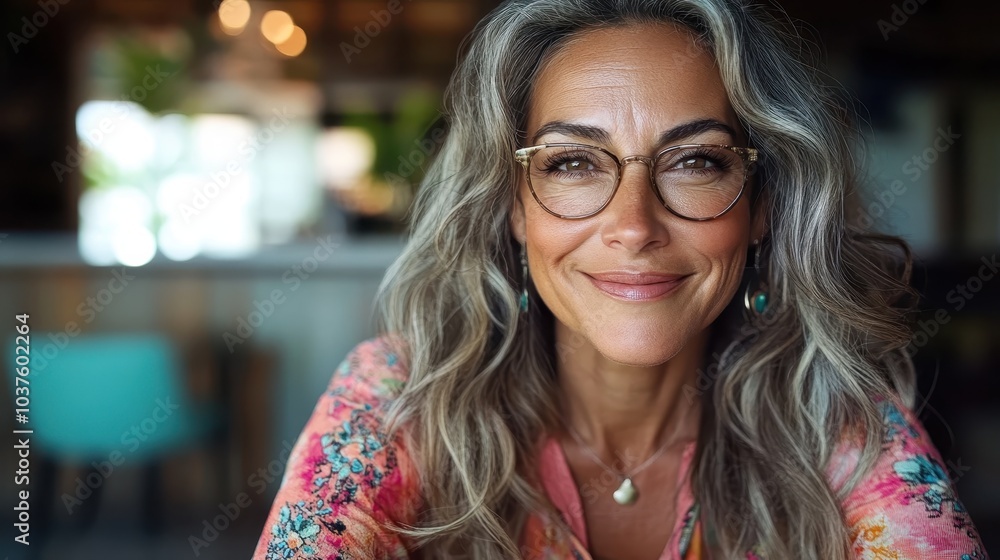 A stylish woman wearing glasses smiles warmly, in an upbeat setting, mixing vibrant patterns, creating an inviting atmosphere filled with positive energy. A stylish woman wearing glasses smiles warmly, in an upbeat setting, mixing vibrant patterns, creating an inviting atmosphere filled with positive energy.